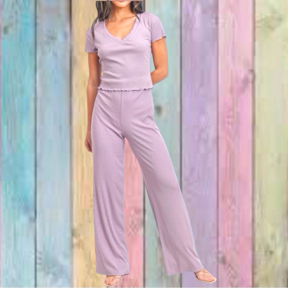 Cherish Lavender Purple 2 Pc V-neck Ribbed Top & High Waist Lounge Pants Set NWT